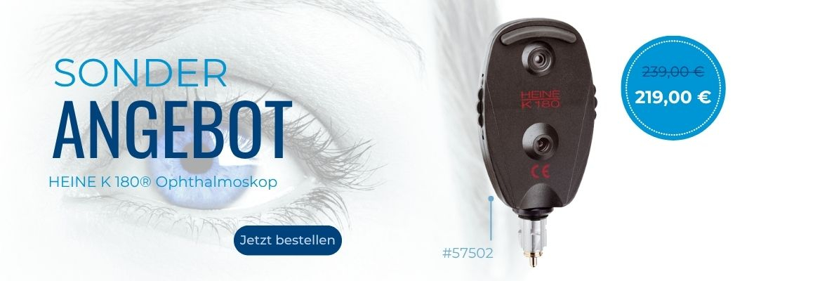 Banner mit Sonderangebot Heine K 180 Ophthalmoskop Titelbild mit Sonderangebot Heine K 180 Ophthalmoskop mit Produktabbildung und Rabattbetrag