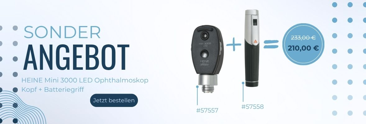 Titelbild mit Sonderangebot Ophthalmoskop Mini 3000 mit Produktabbildung und Rabattbetrag