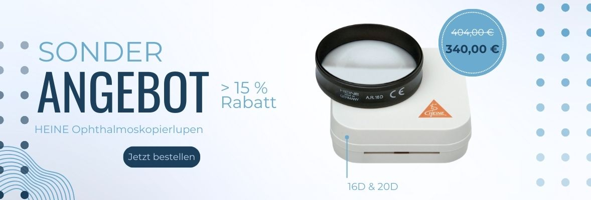 Titelbild mit Sonderangebot Ophthalmoskopierlupen mit Produktabbildung und Rabattbetrag
